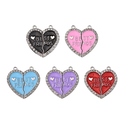 Mixed Color 5 Sets 5 Colors Alloy Enamel Split Pendant, with Rhinestone, Broken Heart with Word Best Friend, Mixed Color, 31.5x30.5x2mm, Hole: 2mm, 1set/color