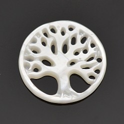 White Shell Cabochons, Flat Round with Tree, White, 17x1mm