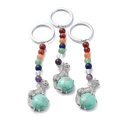 Synthetic Turquoise Synthetic Turquoise & Brass Cheetah Keychain, with 7 Chakra Gemstone Bead and Iron Rings, Lead Free & Cadmium Free, 10.3cm