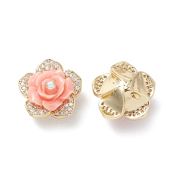 Misty Rose Brass Micro Pave Cubic Zirconia Beads, with Grade A Rhinestone & Resin, Lead Free & Cadmium Free, Long-Lasting Plated, Real 18K Gold Plated, Flower, Misty Rose, 18x11mm, Hole: 1mm