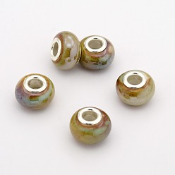 Goldenrod Rondelle Handmade Porcelain Large Hole European Beads, with Platinum Plated Brass Double Cores, Goldenrod, 15x10mm, Hole: 5mm