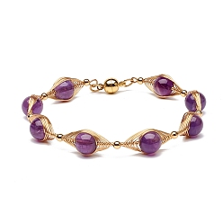 Amethyst Natural Amethyst Beaded Bracelets for Men Women, with Brass & 304 Stainless Steel Finding, Magnetic Clasps, 7-1/2 inch(19cm), Bead: 8.7mm