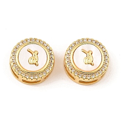 Rabbit Brass Micro Pave Clear Cubic Zirconia Slide Charms, with Shell, Long-Lasting Plated, Lead Free & Cadmium Free, Real 18K Gold Plated, Flat Round, Rabbit, 13x5.5mm, Hole: 5x2mm