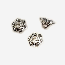 Античное Серебро Тибетский стиль сплава цветок колокольчик филигранный бусины, 6-лепесток, без свинца и без кадмия, античное серебро, 9x5.5 мм, отверстие : 1.4 мм