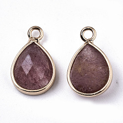 Strawberry Quartz Natural Strawberry Quartz Charms, with Light Gold Plated Brass Edge and Loop, Teardrop, Faceted, 14x9x4.5mm, Hole: 1.5mm