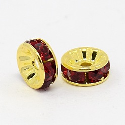 Siam Brass Grade A Rhinestone Spacer Beads, Golden Plated, Rondelle, Nickel Free, Siam, 7x3.2mm, Hole: 1.2mm