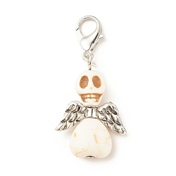 White Dyed Synthetic Turquoise Pendant Decorations, with CCB Plastic Beads and Alloy Clasps, Skull with Wing, White, 45mm, Skull: 29.5x20x9.5mm