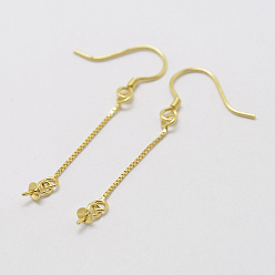 Golden 925 Sterling Silver Earring Hooks Findings, with Box Chain & Cup Pearl Bail Pin, Golden, 42x0.8mm, Pin: 0.8, Tray: 3mm