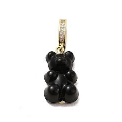 Black Plastic Bear Dangle Hoop Earrings with Clear Cubic Zirconia, Golden Brass Jewelry for Women, Black, 32mm, Pin: 1mm
