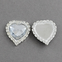 Clear Shining Flat Back Faceted Heart Acrylic Rhinestone Cabochons, with Grade A Crystal Rhinestones and Brass Cabochon Settings, Clear, 22x22x5mm