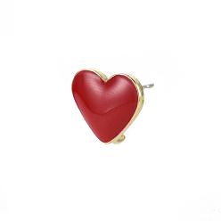 Dark Red Alloy Enamel Stud Earring Findings, with Loop, Raw(Unplated) Pins, Heart, Light Gold, Dark Red, 11.5x13.5mm, Hole: 1.8mm, Pin: 0.7mm