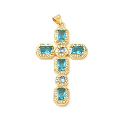 Pale Turquoise Rack Plating Brass Pendants, with Glass Cubic Zirconia, Religion Cross Charm, Cadmium Free & Lead Free, Long-Lasting Plated, Real 18K Gold Plated, Pale Turquoise, 46x26x4mm, Hole: 5X3mm