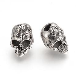 Antique Silver 304 Stainless Steel European Beads, Large Hole Beads, Skull, Antique Silver, 15x10x11mm, Hole: 4mm