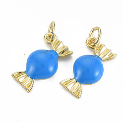 Dodger Blue Brass Enamel Charms, with Jump Rings, Cadmium Free & Nickel Free & Lead Free, Real 16K Gold Plated, Candy Shape, Dodger Blue, 9.5x16x4mm, Jump Ring: 4.8x0.6mm, 3.6mm inner diameter