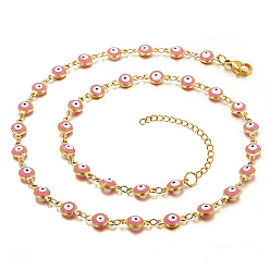 Pink Collier chaîne à maillons en émail mauvais œil, collier en acier inoxydable doré, rose, 17.72 pouce (45 cm)