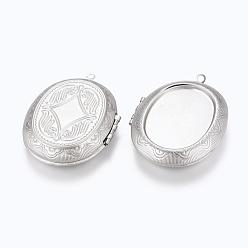Stainless Steel Color 304 Stainless Steel Pendant Cabochon Settings, Locket Pendants, Photo Frame Charms for Necklaces, Oval, Stainless Steel Color, 52x39x10mm, Hole: 2mm, Inner Size: 25x34mm, Tray: 26.5x35mm