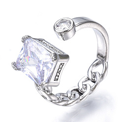 Platino Anillo de puño abierto con rectángulo de circonita cúbica transparente, joyas de latón para mujer, sin cadmio y níque y plomo, Platino, tamaño de EE. UU. 5 1/2 (16.1 mm)
