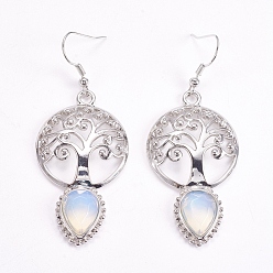 Opalite Brass Dangle Earrings, Synthetic Opalite, Faceted, Hollow Flat Round with Tree of Life and Teardrop, Platinum, 66mm, Pin: 0.6mm