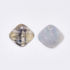 Tan Natural Akoya Shell Charms, Mother of Pearl Shell Pendants, Rhombus, Tan, 14x14x1mm, Hole: 1.4mm,  Diagonal Length: 14mm, Side Length: 12mm
