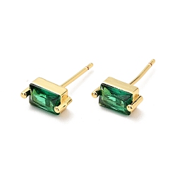 Real 18K Gold Plated Green Cubic Zirconia Rectangle Stud Earrings, Brass Jewelry for Women, Cadmium Free & Nickel Free & Lead Free, Real 18K Gold Plated, 8x4mm, Pin: 0.7mm