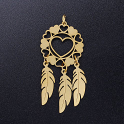 Golden 201 Stainless Steel Pendants, with Jump Rings, Woven Net/Web with Feather, Golden, 44x20x1mm, Hole: 3mm, Ring: 5x0.8mm
