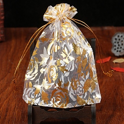 Blanc Pochettes à bijoux en organza avec cordon de serrage, sacs-cadeaux de fête de mariage, rectangle avec motif de fleurs estampé d'or, blanc, 9x7 cm