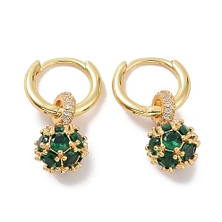 Vert Boucles d'oreilles créoles pendantes boule ronde zircone cubique, bijoux en laiton doré pour femme, verte, 25.5mm, pin: 0.8 mm