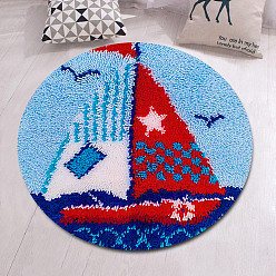 Sailboat Flat Round Latch Hook Rug Kit, DIY Rug Crochet Yarn Kits, Including Color Printing Screen Section Embroidery Pad, Needle, Acrylic Wool Bundle, Sailboat Pattern, 450x1.5mm