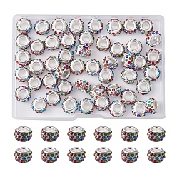 Coloré 50 pcs perles en argile polymère strass européens à grand trou, avec noyaux en laiton plaqué couleur argent, rondelle, colorées, 11~12x7~7.5mm, Trou: 5mm