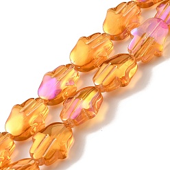 Orange Foncé Transparentes perles de verre de galvanoplastie brins, demi arc-en-ciel plaqué, Hamsa main, orange foncé, 17.8x13.5x7.5mm, Trou: 1.3mm, Environ 40 pcs/chapelet, 27.95 pouce (71 cm)