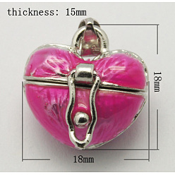 Deep Pink Brass Prayer Box Pendants, Enamel, Heart, Platinum, Deep Pink, 18x18x15mm, Hole: 4x6mm