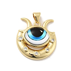 Cyan Eye with Moon Brass Micro Pave Clear Cubic Zirconia Pendants, with Resin Eyeball, Cadmium Free & Nickel Free & Lead Free, Real 18K Gold Plated, Cyan, 23x22x7mm, Hole: 3.6x4.3mm