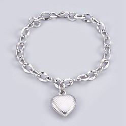 Stainless Steel Color 304 Stainless Steel Pendant Bracelets, with Cable Chains and Lobster Claw Clasps, Heart, Stainless Steel Color, 7-3/4 inch(19.8cm), 7mm