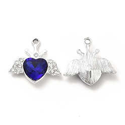 Bleu Pendentifs en verre d'alliage, coeur en strass cristal avec breloque aile, platine, bleu, 21.5x22.5x5.5mm, Trou: 2mm