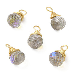 Gray Rack Plating Brass with Glass Pendant, Cadmium Free & Lead Free, Long-Lasting Plated, Faceted Round Charms, Gray, 16~17x7.5mm, Hole: 3mm