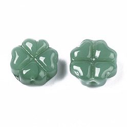 Vert Mer Perles de verre imprimées , jade d'imitation, trèfle, vert de mer, 10x10x5mm, Trou: 1mm