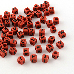 Roja Perlas acrílicas opacas estilo carta, agujero horizontal, cubo, rojo, 6x6x6 mm, agujero: 3.5 mm, Sobre 2700 unidades / 500 g