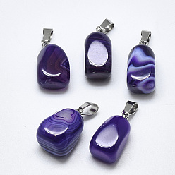 Medium Slate Blue Natural Banded Agate/Striped Agate Pendants, Dyed, with Stainless Steel Snap On Bails, Cuboid, Stainless Steel Color, Medium Slate Blue, 20~23x9~13x9~13mm, Hole: 3~4x7~8.5mm