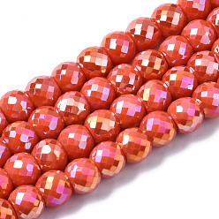 Orange Red Electroplate Glass Beads Strands, AB Color Plated, Faceted, Round, Orange Red, 8x6mm, Hole: 1.2mm, about 80pcs/strand, 18.66~19.76 inch(47.4cm~50.2cm)