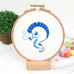 Sea Horse DIY Cartoon Animal Embroidery Sets, Including Imitation Bamboo Frame, Plastic & Alloy Pins, Cloth, Colorful Threads, Sea Horse Pattern, 37~190x1~195x0.6~8.5mm, Inner Diameter: 107mm