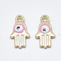 Perlas de Color Rosa Encantos de aleación chapada en oro claro, con esmalte, religión, hamsa mano / mano de fatima / mano de miriam con mal de ojo, rosa perla, 14.5x8x2.5 mm, agujero: 1.8 mm
