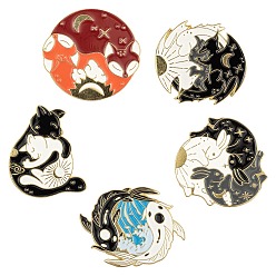 Mixed Color 5Pcs 5 Style Creative Zinc Alloy Brooches, Enamel Lapel Pin, with Iron Butterfly Clutches or Rubber Clutches, Flat Round & Fish & Fox & Rabbit, Golden, Mixed Color, 28~30x25~30mm, Pin: 1mm, 1pc/style