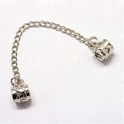 Platine Perles européennes en alliage, avec des chaînes de sécurité en fer, pour la fabrication de bracelets européens, colonne avec le coeur, platine, 95mm, Trou: 4mm