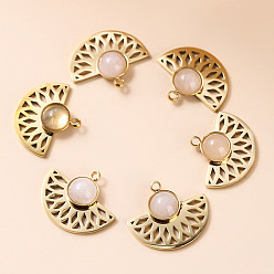 Rose Quartz Bohemia Style Natural Rose Quartz Pendants, Fan Charms, with Golden Tone Stainless steel Findings, 18x15x5mm
