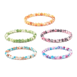 Mixed Color Natural White Jade Round Beaded Stretch Bracelet, Gemstone Jewelry for Women, Mixed Color, Inner Diameter: 2-1/4 inch(5.6cm), Beads: 6.5mm