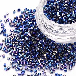 Azul Abalorios de vidrio canutillos, arcoiris de colores plateados, azul, 2.5~3x2 mm, agujero: 0.9 mm, sobre 15000 unidades / libra