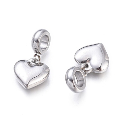 Stainless Steel Color 304 Stainless Steel European Dangle Charms, Large Hole Pendants, Heart, Stainless Steel Color, 23mm, Pendant: 12x12x4mm, Hole: 5mm