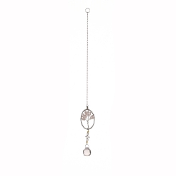Oval Perles acryliques en forme de larme grosses décorations pendantes, capteurs de soleil suspendus, avec des perles éclatées de quartz rose, arbre de la vie, ovale, 363mm