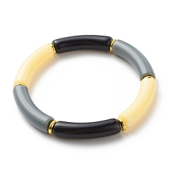 Black Imitation Jade Acrylic Curved Tube Beaded Stretch Bracelet for Women, Black, Inner Diameter: 2-1/8 inch(5.3cm)