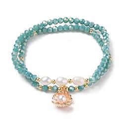 Turquoise Faceted Glass Bead Stretch Bracelets, Stackable Bracelets, with Brass Bead, Natural Cultured Freshwater Pearl Bead and Alloy & Imitation Pearl Charms, Shell Shape, Golden, Turquoise, Inner Diameter: 2-1/4 inch(5.7cm), 2pcs/set